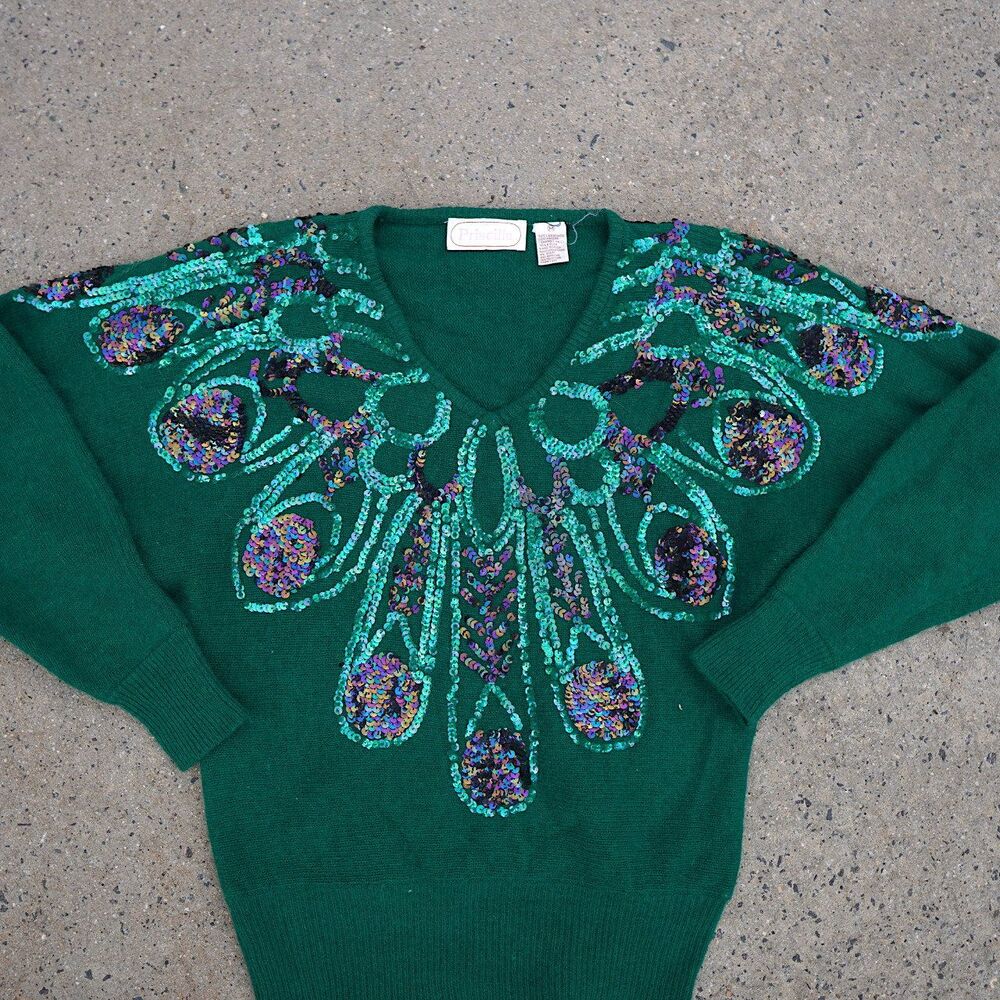 Vintage Priscilla Angora Lambswool Hand Beaded Sequin Oversized V-Neck Sweater